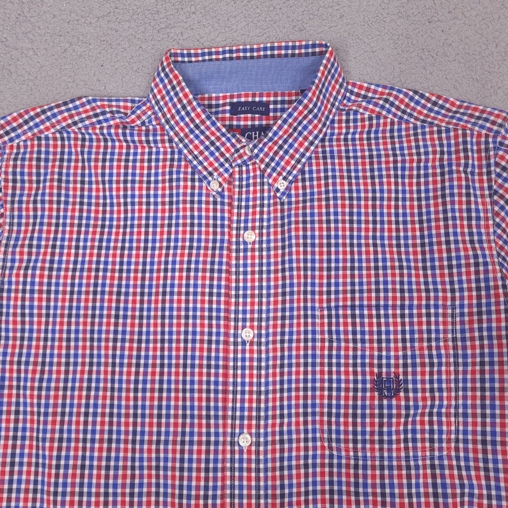 Chaps Mens Red Blue Plaid Easy Care Button Down Shirt XL Long Sleeve Casual
